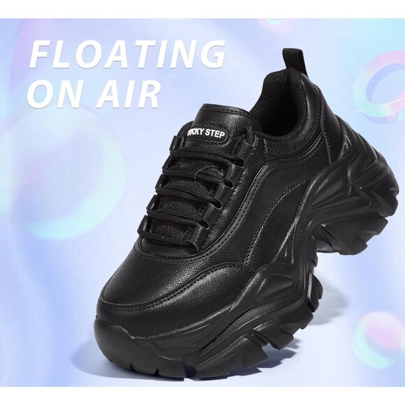 Women's Black Chunky Rubber Platform Casual Lace-Up Walking Sneaker Shoes - Picture 3 of 9